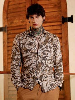 Campus Sutra - Mens Chocolate Brown Floral-Block Imprint Shirt
