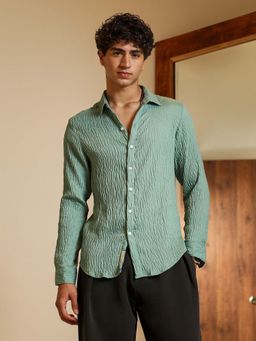 Campus Sutra - Mens Aqua Green Textured Creased-Tactile Shirt