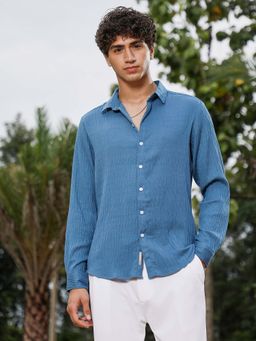 Campus Sutra - Mens Ocean Blue Textured Creased-Tactile Shirt