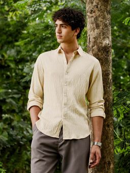 Campus Sutra - Mens Saltbox Beige Textured Creased-Tactile Shirt