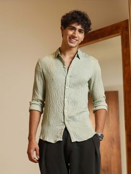 Campus Sutra - Mens Light Pistachio Textured Creased-Tactile Shirt