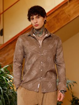 Campus Sutra - Mens Ash Brown Twig-Imprint Foliage-Tactile Shirt