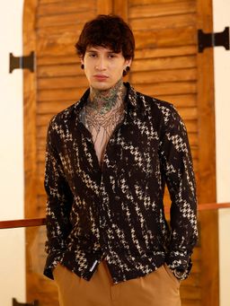 Campus Sutra - Mens Onyx Black Grazed-Houndstooth Imprint Shirt
