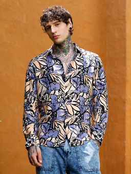 Campus Sutra - Mens Steel Blue and Ecru Beige Cluster-Botanical Imprint Shirt