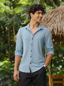 Campus Sutra - Mens Pastel Blue Basket-Knit Jacquard Shirt
