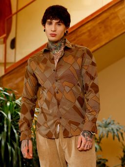 Campus Sutra - Mens Peanut Brown Block-Geometric Jacquard Shirt