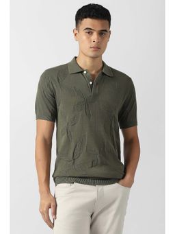 Van Heusen - Men Olive Textured Collar Neck Polo T-Shirt