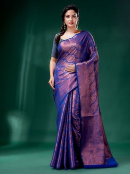 CHARUKRITI - Azure Blue & Copper Blended Silk Brocade Handwoven Soft Saree with Unstitched Blouse
