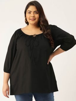 theRebelinme - Womens Black Solid Color Tie-up Neck Regular Top