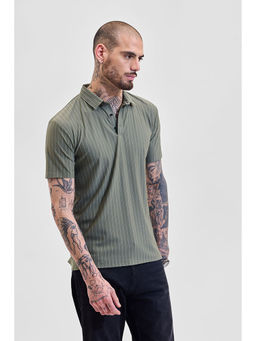 Snitch - Men Olive Stripes Slim Fit Polo T-Shirt