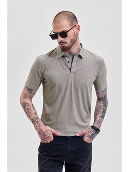 Snitch - Men Grey Stripes Slim Fit Polo T-Shirt