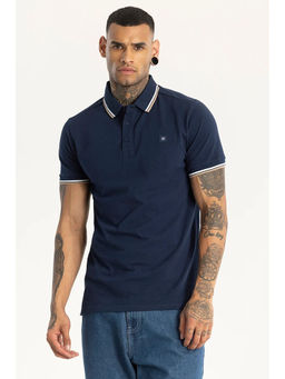 Snitch - Men Navy Blue Solid Slim Fit Polo T-shirt