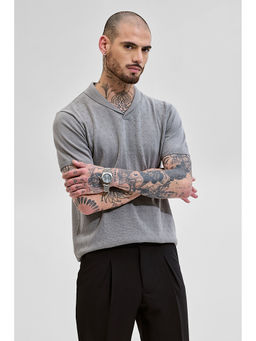 Snitch - Men Grey Self Design Slim Fit Polo T-Shirt