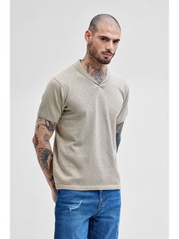 Snitch - Men Beige Self Design Slim Fit Polo T-Shirt