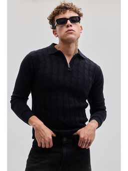 Snitch - Men Black Self Design Slim Fit Polo T-Shirt