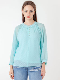 Zink London - Women Turquoise Self Design Regular Top