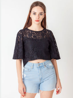 Zink London - Women Black Floral Designed Crop Top