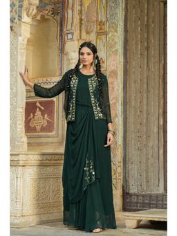 Scakhi - Darkgreen Georgette Saree Drape Pleated Ethnic Fusion Dress With Jacket (Set of 2)