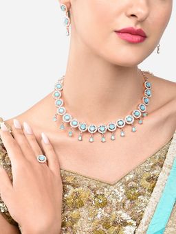 Zaveri Pearls - Turquoise Blue Dazzling Stones Sleek Choker Necklace Earring & Ring (set of 3)