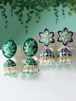 Zaveri Pearls - Set of 2 Green & Blue Meenakari Ethnic Jhumki Earrings-ZPFK15118
