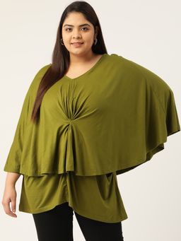 theRebelinme - Plus Size Women Olive Green Solid Color Layered Top