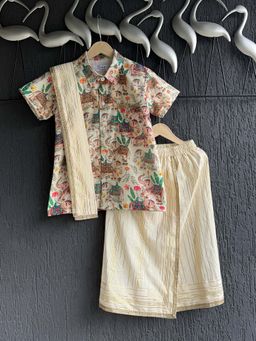 The Little Tales - Off White Printed Regular Kurta with Lungi and Dupatta
