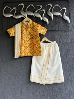 The Little Tales - Yellow Printed Regular Kurta with Lungi and Dupatta
