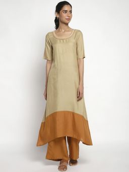 Aurelia - Beige and Tawny Olive Colorblock Kurta with Palazzo (Set of 2)