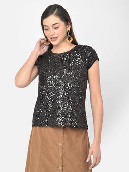 Latin Quarters - Black Color Cap Sleeve Solid Pattern Blouse