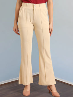 FITHUB - Cream Stylish High-Waist Loose Fit Bootcut Trouser