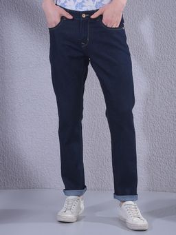 CRIMSOUNE CLUB - Men Navy Blue Solid Mid Waist Slim Fit Jeans