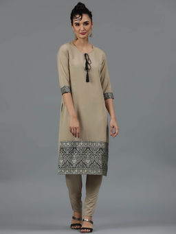 Ziyaa - Womens Beige Crepe Straight Kurta and Pants (Set of 2)