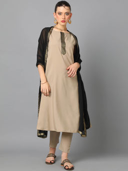 Ziyaa - Womens Beige Crepe A-Line Kurta Pants and Dupatta (Set of 3)