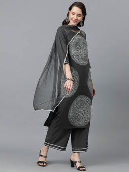 Ziyaa - Womens Grey Crepe Straight Kurta Palazzo and Dupatta (Set of 3)