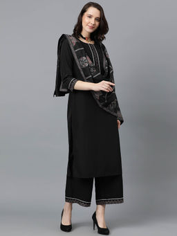 Ziyaa - Womens Black Crepe Straight Kurta Palazzo and Dupatta (Set of 3)