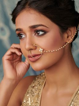 Curio Cottage - Gold Toned Customizable Kundan Clover Nath