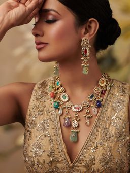 Curio Cottage - Victorian Elegance Multicolored Kundan Necklace Set with Earrings