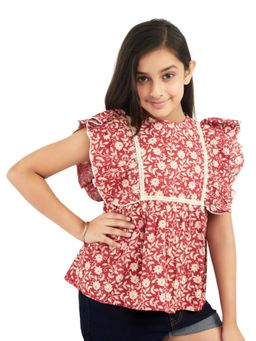 Olele - Girls Cotton Ruffle Lace Top Block Print Red