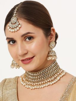 OOMPH - Gold Tone Kundan and Pearls Choker Necklace Set with Jhumka Earrings and Maangtikka (Set of 3)