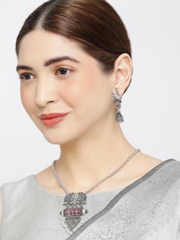 OOMPH - Oxidised Silver Look Alike Maroon Stones Peacock Necklace Set with Drop Earrings (Set of 2)