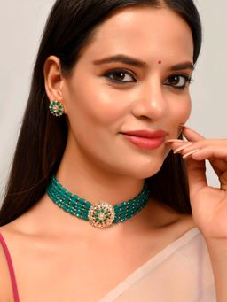 Silvermerc Designs - Women Gold Plated Green Beaded Choker Jewellery (Set of 2)