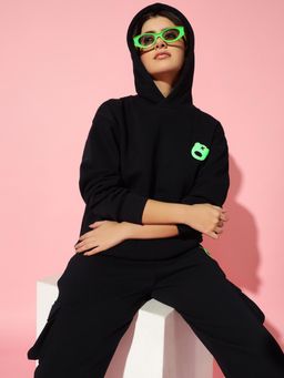 Griffel - Teddy Logo Hoodie Neck Oversized Black Sweatshirt