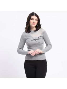 Madame - Shimmery Mock Neck Wrap Grey Sweater