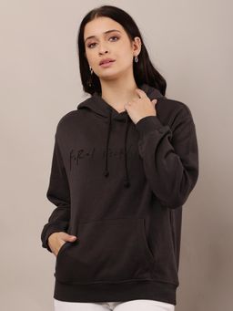 NOBARR - Womens Cotton Full Sleeve Hooded Solid Dark Grey Sweatshirt