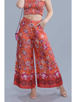 French Theory - Orange Satin Floral Printed Flared Pant