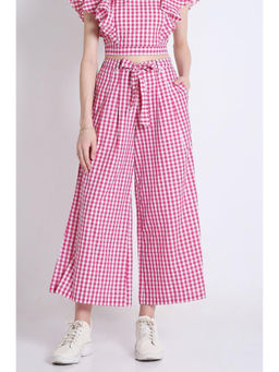 French Theory - Pink Checks Long Flared Pant with Belt