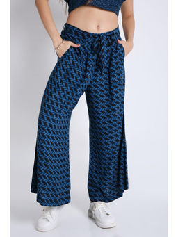 French Theory - Blue Long Flared Printed Pant with Belt