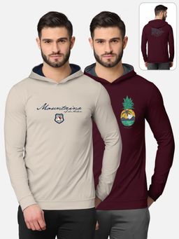 BULLMER - Printed Full Sleeve Hooded T-shirt For Men Beige And Burgundy (Pack of 2)