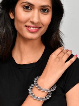 Silvermerc Designs - Silver Toned Oxidised Handcrafted Shell Bangles (Set of 2)