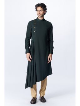 S&N by Shantnu Nikhil - Men Military Green Minimalistic Asymmetric Kurta